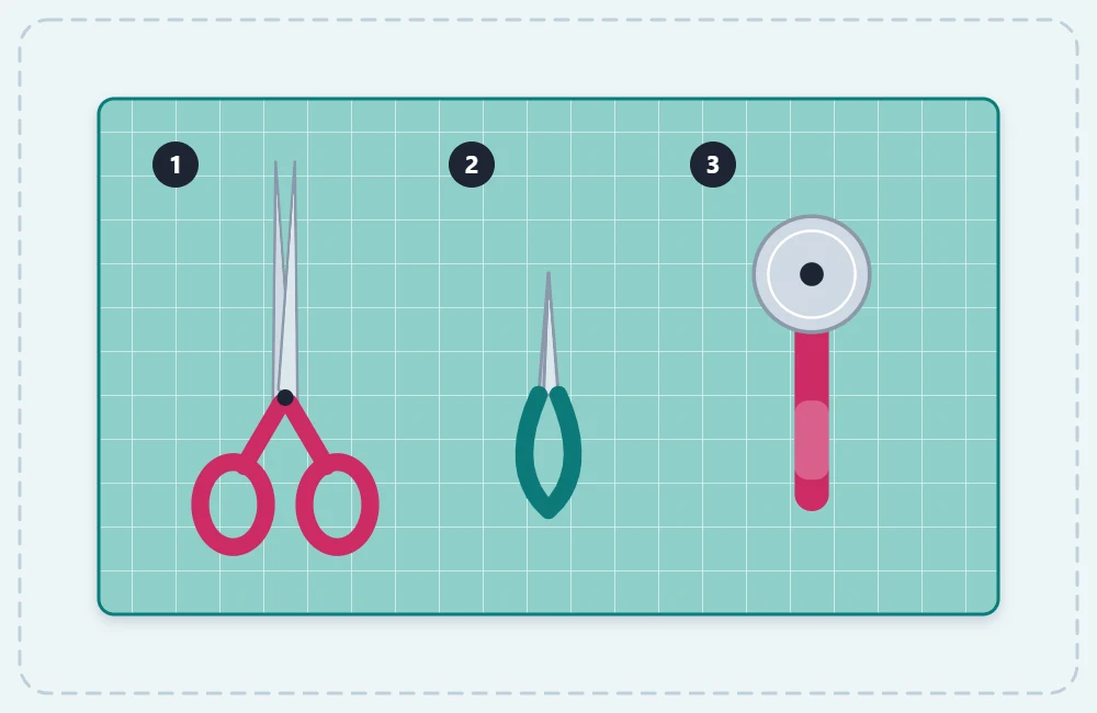 Fabric shears, small thread snips and a rotary cutter lying on a cutting mat