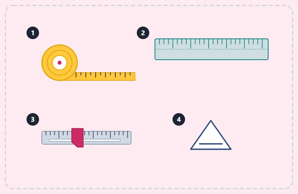 Tape measure, clear ruler, seam gauge and chalk marker arranged side by side
