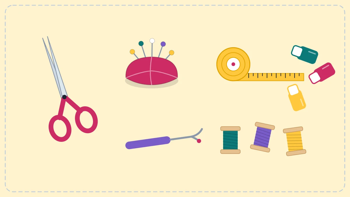 Flat lay of scissors, a pincushion with pins, a tape measure, a seam ripper, thread spools and clips