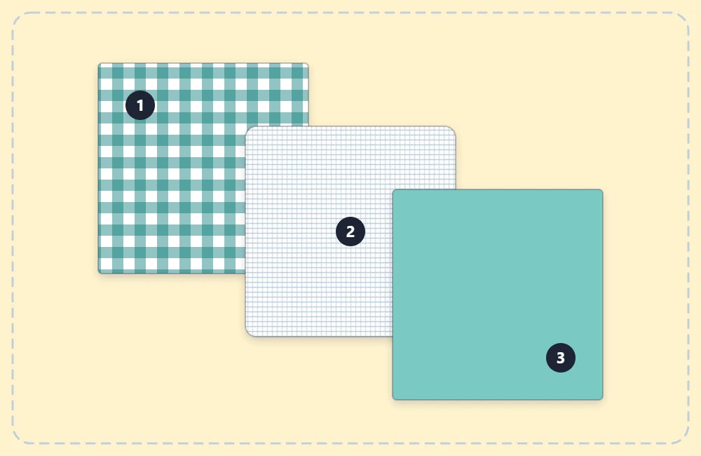 Three square layers of one coaster shown separately with number badges: top fabric, batting and backing