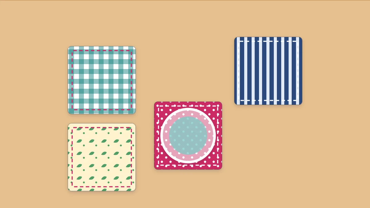 A set of four square fabric coasters, one with a drinking glass standing on it