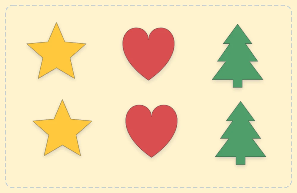 Felt shapes cut in matching pairs: two stars, two hearts and two trees laid out side by side