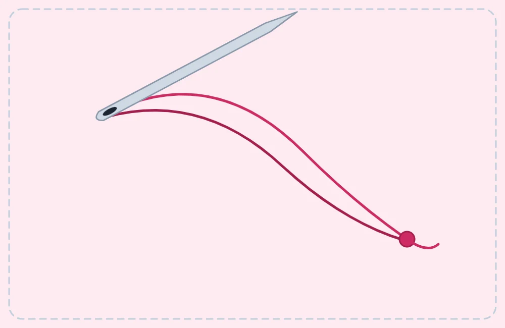 Threaded hand needle with a doubled thread and a knot at the tail end