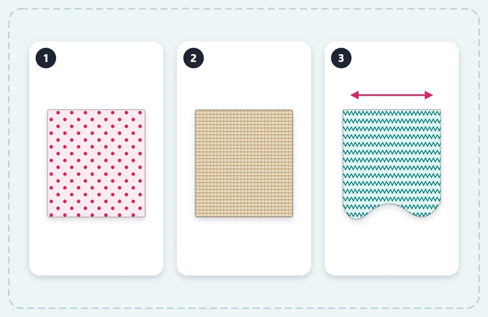 Three fabric swatches: flat quilting cotton, heavier canvas with a visible weave and a knit with a curling edge