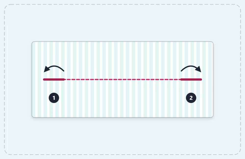 A single seam on fabric with numbered ends marking the backstitches at the start and at the end