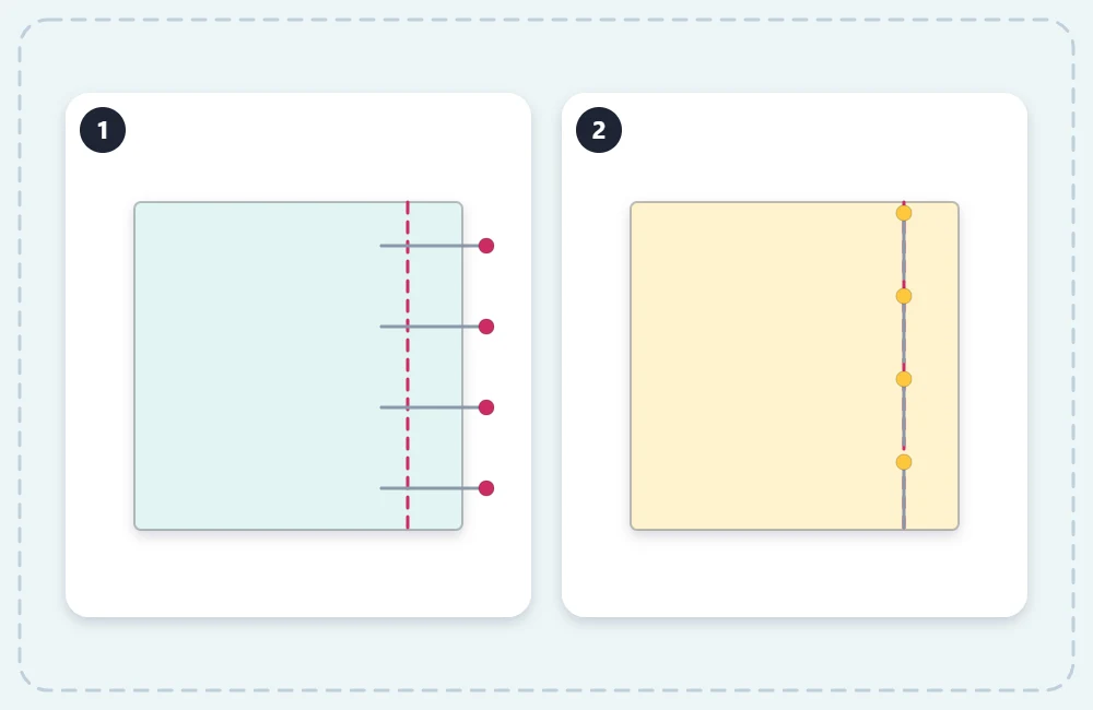 Two fabric swatches: one with pins perpendicular to the edge and heads sticking out, one with pins parallel to the edge