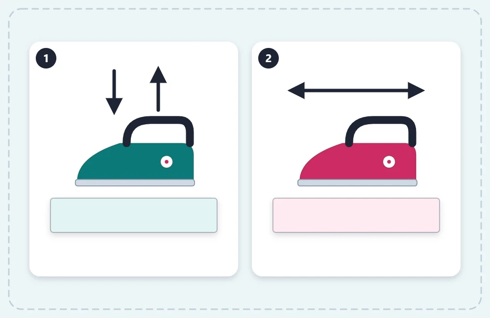 Two panels: an iron with up-and-down arrows for pressing, and an iron with a sideways sliding arrow for ironing