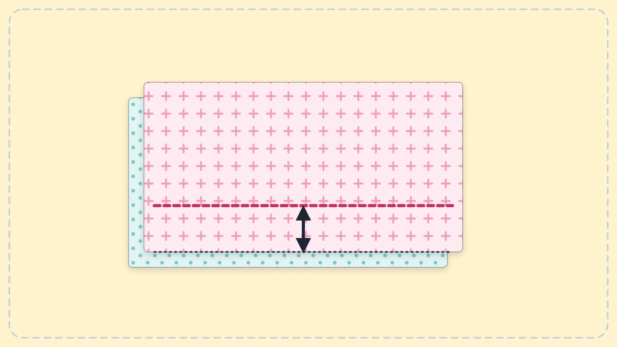 Two fabric layers sewn together with a double-headed arrow between the stitching line and the raw edge