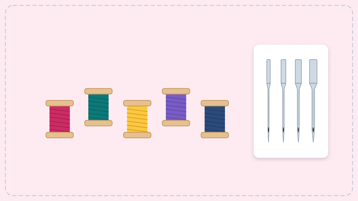 Thread spools in several colors beside a small row of sewing machine needles