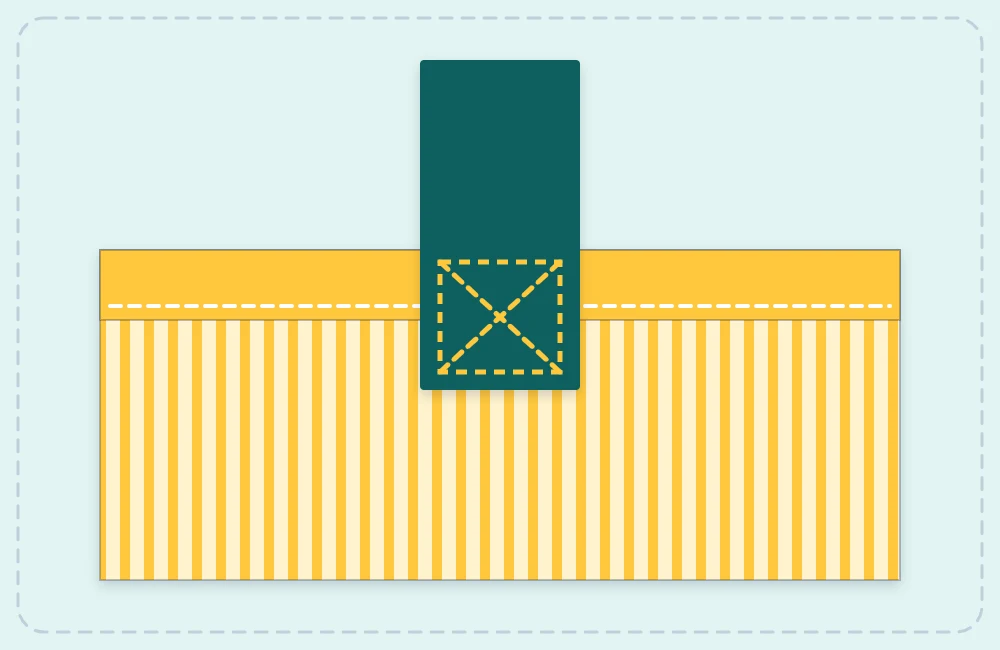 A strap end sewn to the top edge of a tote bag with a stitched square and an X across it