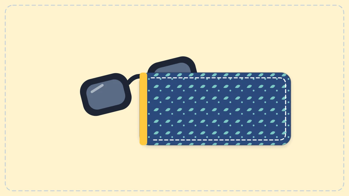 A soft fabric glasses case with a pair of sunglasses sliding into the open top