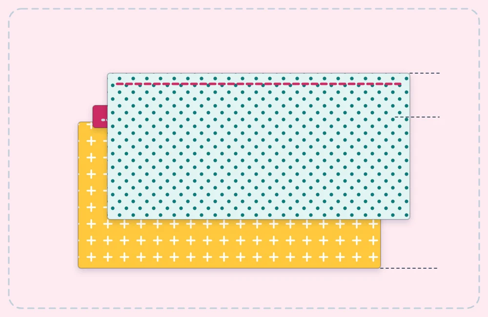 Outer fabric, zipper and lining stacked with their top edges aligned and a stitching line along the top edge